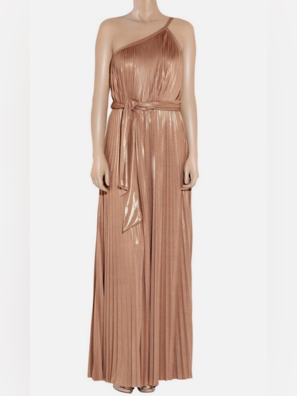 Halston Heritage One-Shoulder Metallic Bronze Pleated Gown